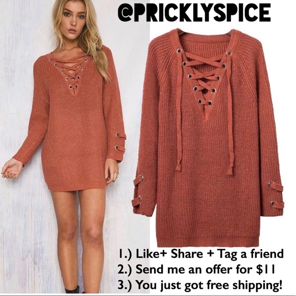 Cozy Lace up V-Neck Sweater, Burnt Orange - Picture 6 of 6